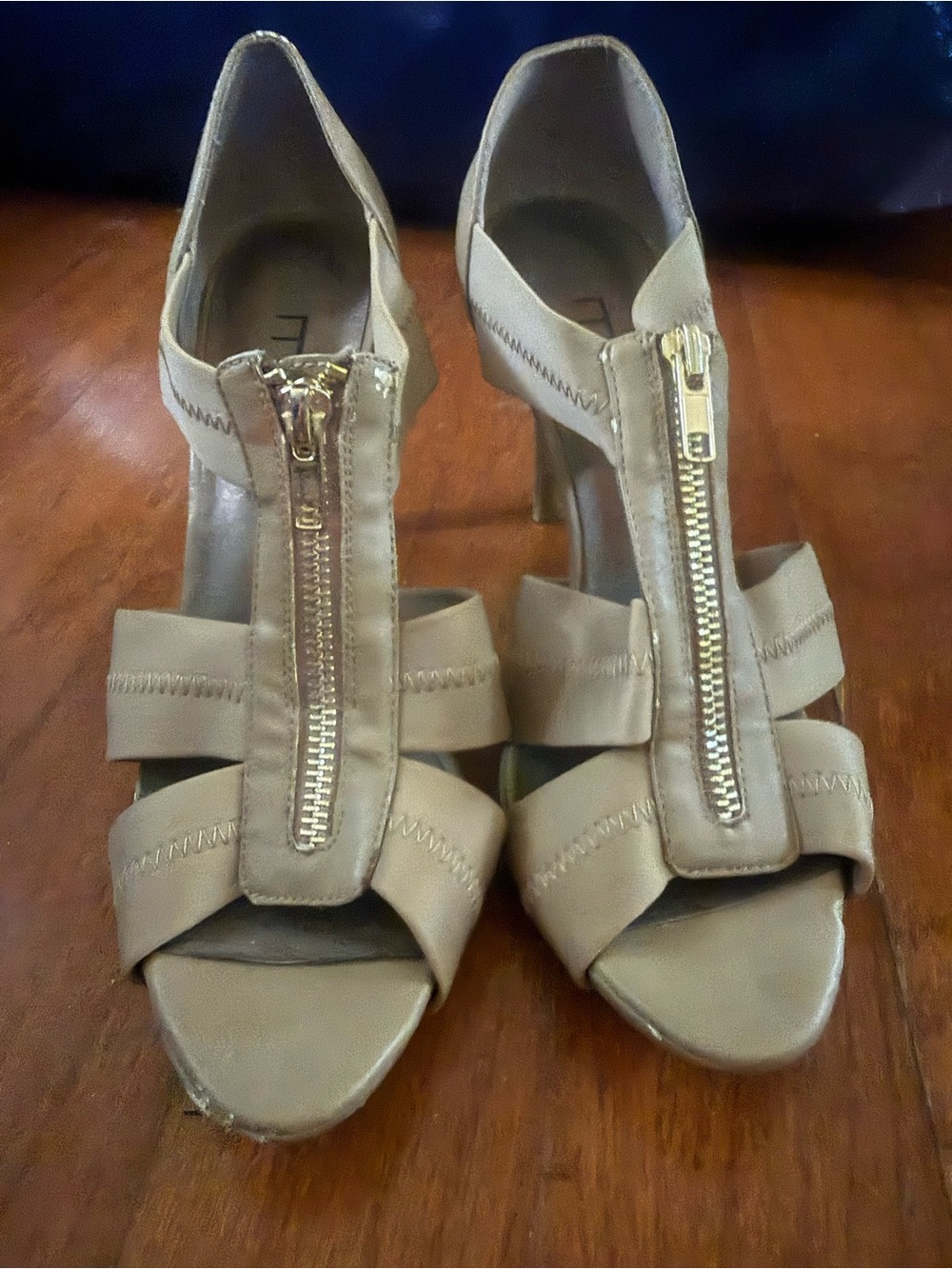 Moda International Taupe Strappy Heels with Front Gold Zipper
